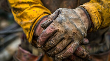 A man wearing dirty work gloves is holding his hands together