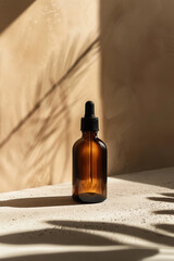 A brown glass bottle is placed on top of a wooden table. The bottle is stationary and appears to be empty. The table surface is smooth and polished.