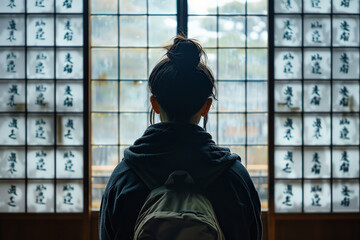 A woman wearing a backpack stands by a window, gazing outside. Her expression is contemplative as she takes in the view. The window frame and surrounding room are visible in the background.