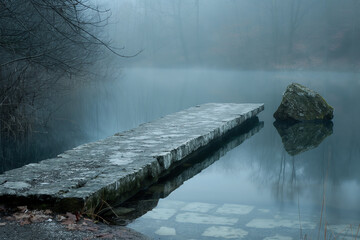 A dock juts out into a fog-covered lake, its wooden planks contrasting with the murky water. The surrounding mist obscures the horizon, creating an eerie and mysterious atmosphere.