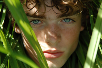 A detailed close-up showing a person with striking blue eyes. The eyes are prominent in the frame, capturing the unique color and depth.