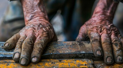 A close-up of calloused hands resting on a well-used tool, symbolic of hard work - obrazy, fototapety, plakaty