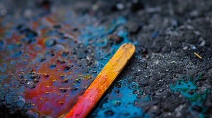 A close-up of a popsicle stick, discarded on the ground, sticky and slightly stained with vibrant color