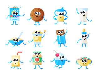 Kids food funny character sweet dessert emoji set vector flat illustration childish smiley emoticon