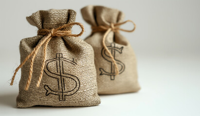 Two bags with large dollar signs on them are placed side by side on a surface. The bags are filled with cash and symbolize wealth and financial prosperity.