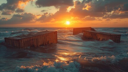 Naklejka premium floating cargo containers from logistic cargo ship with wave after big storm.