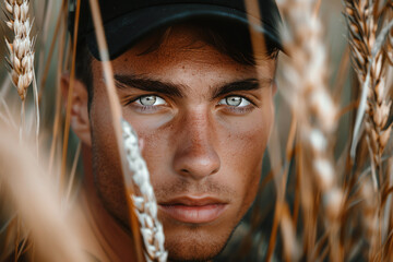 A close-up view of a man wearing a baseball cap, with focus on the details of the cap and facial features. The person appears to be engaged in some activity.