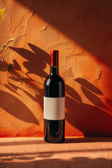 A bottle of wine is placed next to a green plant, creating a simple and straightforward composition. The wine bottle stands upright. Perfect for packaging mockups.