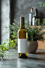 A single bottle of wine is placed elegantly on top of a wooden table, surrounded by a simple setting. Perfect for packaging mockups.