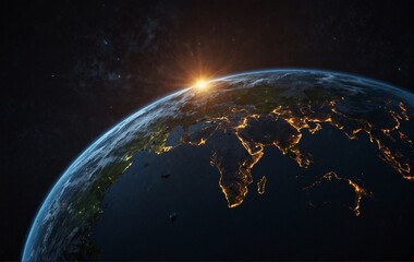 Obraz premium Earth in space low poly art illustration. 3d polygonal sunrise over planet. Cosmos exploration concept with connected dots and lines on dark backdrop. Solar system body vector color wireframe mesh 