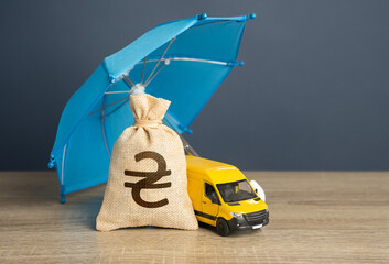 Yellow delivery van and ukrainian hryvnia money bag under an blue umbrella. Cargo and parcel insurance. Logistics security. Warranty obligations. Protection in conditions of military aggression