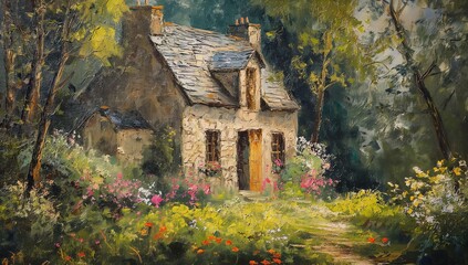 A realistic painting of a house nestled among tall trees in a dense forest. The house is prominently featured in the center of the composition, surrounded by lush green foliage.