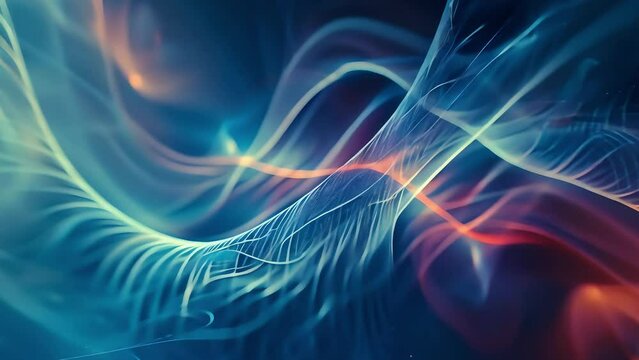 Abstract background with flowing blue and red neon waves on a dark backdrop, symbolizing energy, technology, or the concept of motion and fluidity.