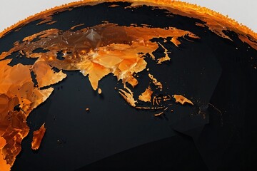 Digital low poly Earth isolated in black background. Orange continents look like fire. Planet covered by virus COVID-19. Pandemic or epidemic concept. Abstract vector illustration with lines and dots.