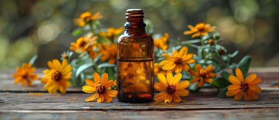 St Johns Wort tincture bottle closeup on a wooden surface. Concept Herbal Medicine, Natural Remedies, Close-up Photography, Wooden Surface, St John's Wort Tincture - obrazy, fototapety, plakaty