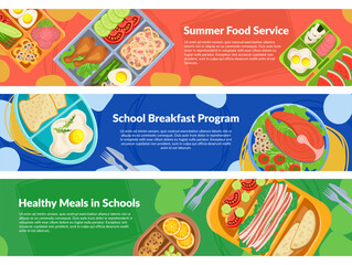 School breakfast summer food service banner design template set vector flat illustration