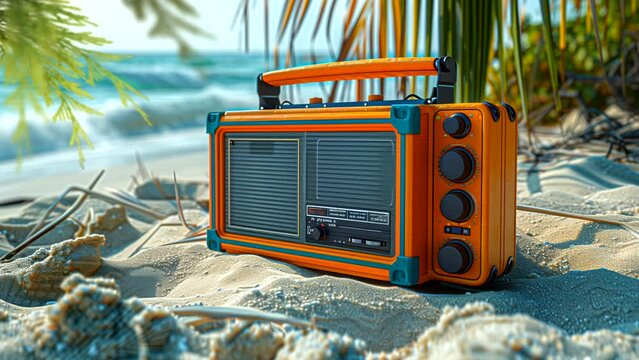Radio on the tropical beach, summer vacation concept. seamless looping 4k time-lapse animation video background