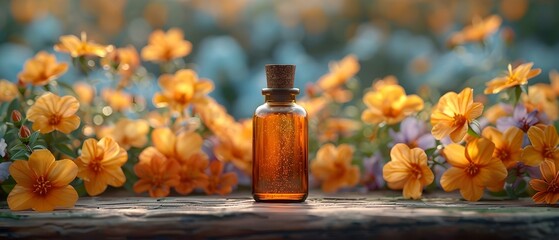 St Johns Wort tincture bottle on wooden surface in closeup. Concept Herbal Remedies, St, John's Wort, Tincture Bottle, Close-Up Photography, Wooden Surface