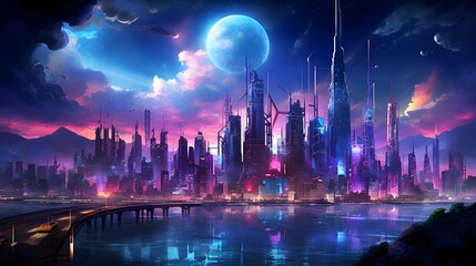 Futuristic city at night with full moon. 3d rendering
