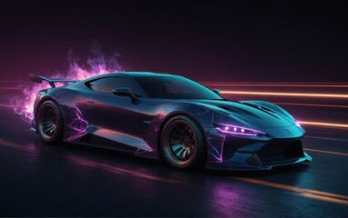Futuristic drift car in motion with neon fast lines and abstract smoke. High speed concept in technological blue purple colors. Sport car is made of polygons, lines and connected dots. Digital auto, 