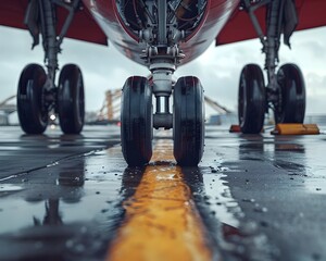 the thrilling moment of an airplane s landing gear touching down on the glistening runway - obrazy, fototapety, plakaty