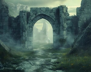 Captivating Ruins of an Ancient Castle Shrouded in Mist and Ivy Covered Archways Evoking a Sense of Timeless Mystery and