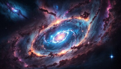 A vibrant, swirling galaxy with radiant hues of blue and red amidst the celestial dark, a spectacular vision of the universe's complexity.