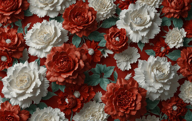 Flowers background, beautiful flowers made of red and white porcelain and water.. very realistic, 8k quality, hyper realistic, ultra realism