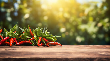A vibrant assortment of red and green chillies spills across a rustic wooden table, set against a backdrop of lush garden foliage, embodying the spice of harvest season. - obrazy, fototapety, plakaty