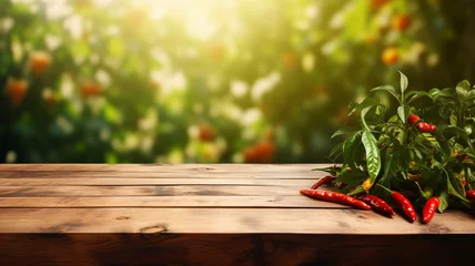 Gordijnen A vibrant assortment of red and green chillies spills across a rustic wooden table, set against a backdrop of lush garden foliage, embodying the spice of harvest season. © Alina Nikitaeva