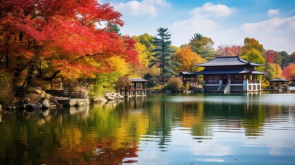 Fototapeta na wymiar Asian landscape, a tranquil lake reflects the vibrant colors of autumn foliage.