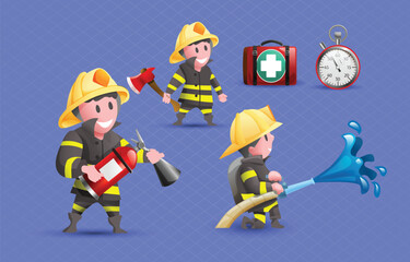 Illustration of 3d isometric a Firefighter. Hero Firefighter Hydrant fire rescue emergency Set.