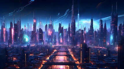 Futuristic city at night with neon lights. 3d rendering