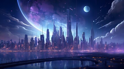 3D illustration of a futuristic city with a planet in the background