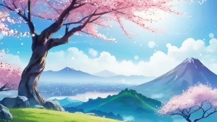 Tuinposter Beautiful fantasy spring natural landscape and cherry blossom tree animation background in Japanese anime watercolor painting illustration style. seamless looping animated video  © Linggakun