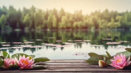Pink water lilies on a rustic wooden dock, serene waters and lush greenery in the background banner, capturing a tranquil lakeside moment at dusk.
