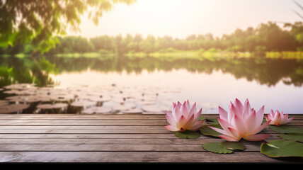 Pink water lilies on a rustic wooden dock, serene waters and lush greenery in the background banner, capturing a tranquil lakeside moment at dusk.