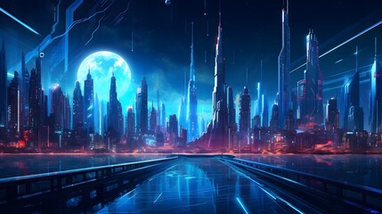 Futuristic night city with neon lights and a full moon. 3d rendering