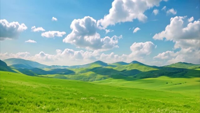 video view of green meadows in the hills with blue sky