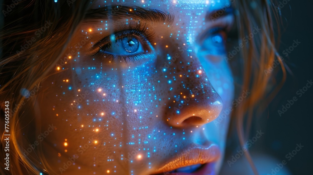 Fototapete Artificial intelligence in image cybernetic anthropomorphic woman working with matrices on virtual interface. Head of artificial intelligence with mind analyzing information and teaching neural