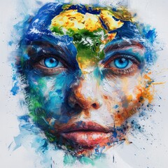 portrait of the girl with the flag of the world, Gaia's Gaze: A Vision of Earth's Splendor in Human Form, person with painted face