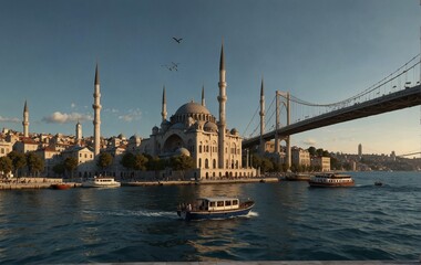 Obraz premium Istanbul mosque , seaside, bridge and boat, ships, fisher. Very realistic, 8k quality, hyper realistic, ultra realism