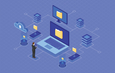 Programmer manage cloud hosting, server, database isometric vector illustration. Cloud servers and upload, download and share files and data 3d isometric vector