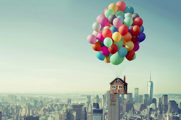 A house tied to colorful balloons flying above a city