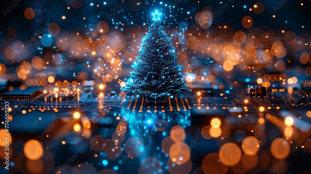 Aufkleber the new year and happy christmas cards in the style of new technology. christmas tree, printed circu