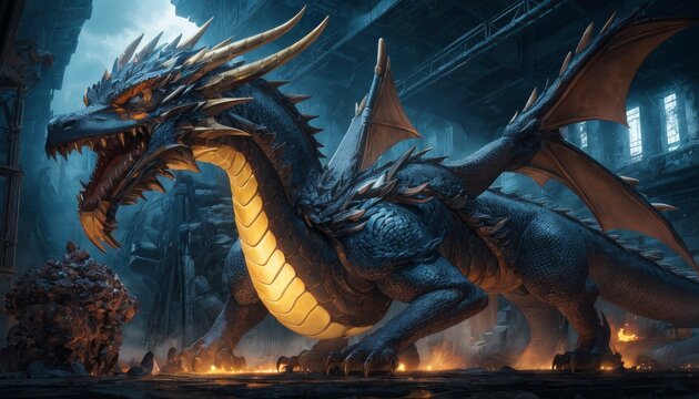 A fearsome blue dragon guards its lair within a crumbling gothic city, flames flickering amid the ruins, a narrative of fantasy and might.