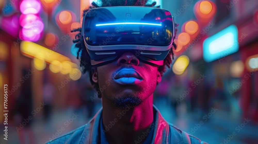 Poster An individual in augmented reality or AR helmet on his head, looking up at a virtual simulation. A man in futuristic virtual reality 3D headsets or VR glasses. Digital computer entertainment