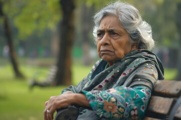 portrait of sad old woman sitting on a bench in a park