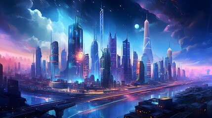 Futuristic city at night. Panoramic cityscape.