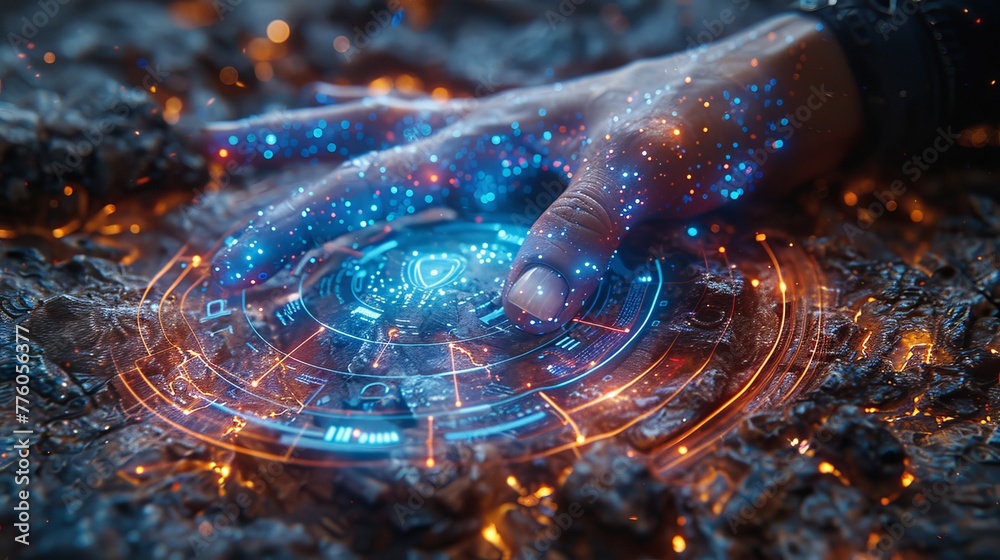 Leinwandbilder The abstract interface of VR or AR is represented in the hand of a user in a simulation of virtual reality. The hand interacts with data infographics in augmented reality. The abstract interface is